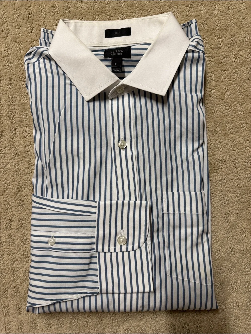 J. Crew Men’s Blue and White Striped Dress Shirt with Contrast White Collar